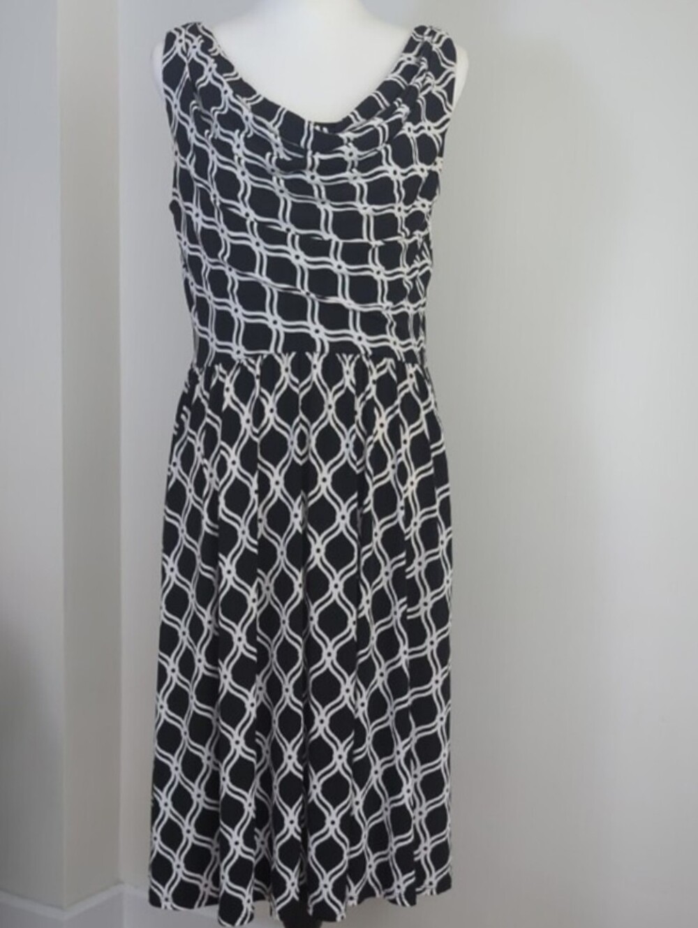Maggy Boutique Black White Geometric Cowl Neck Sleeveless Midi Dress